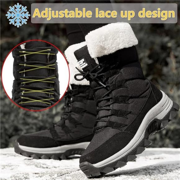 Women's Snow Boots Fur Lined Lace up Mid Calf Anti-Slip Winter Boots, Black/Gray - Picture 5 of 7